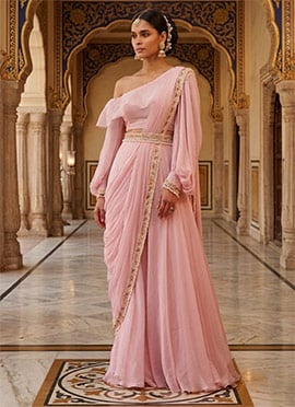 Elegant Pink Organza Ready Lace Palazzo Style Saree