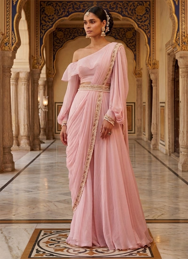Elegant Pink Organza Ready Lace Palazzo Style Saree Festive Wear