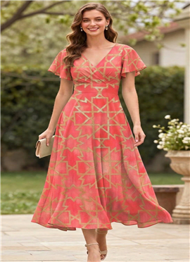 Elegant Pink Printed Cotton Midi Dress