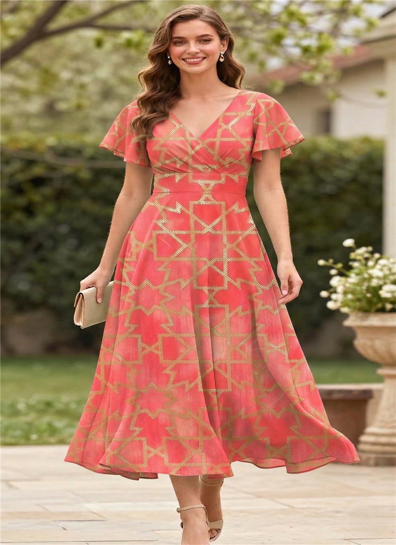Elegant Pink Printed Cotton Midi Dress After Six Wear