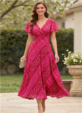 Elegant Pink Printed Silk Midi Dress