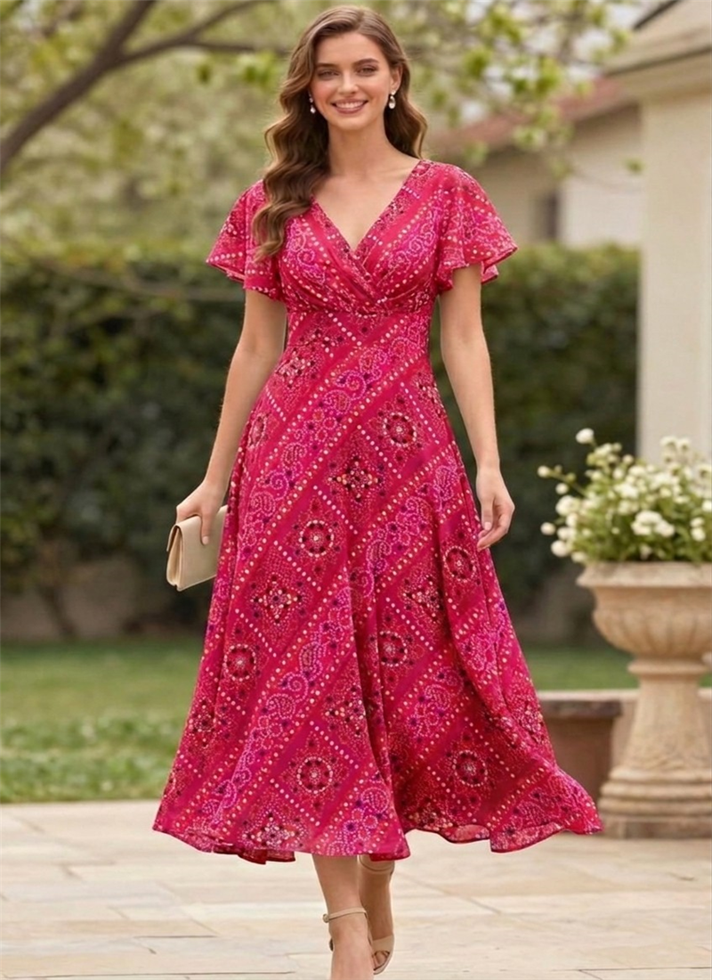Elegant Pink Printed Silk Midi Dress  After Six Wear