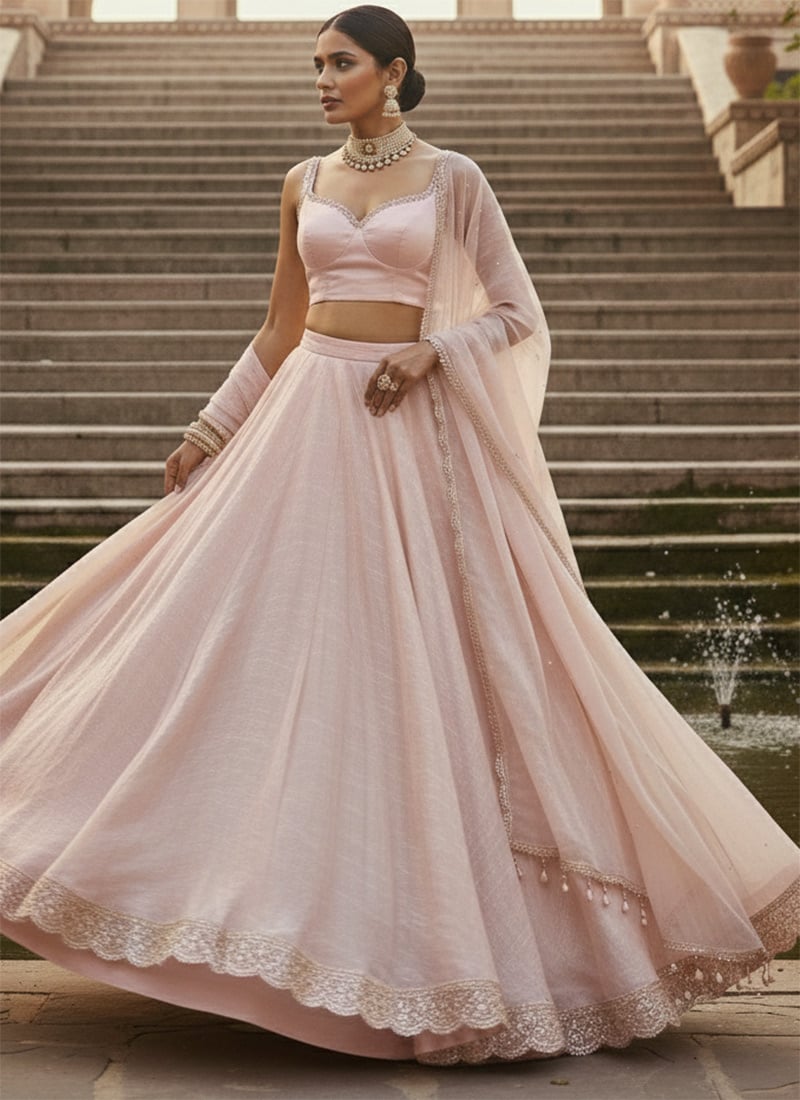Elegant Pink Silk Circular Umbrella Lehenga Wedding Wear