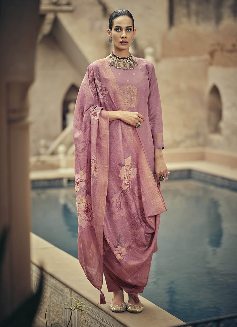 Elegant Pink Silk Cotton Woven Designer Digital Printed Straight Pant Suit After Six Wear