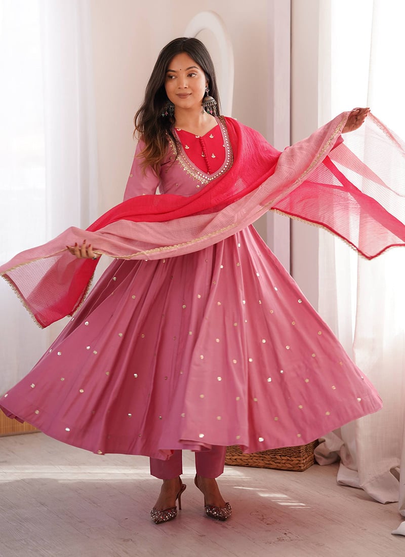 Elegant Pink Silk Embroidered Sequins Anarkali Suit After Six Wear