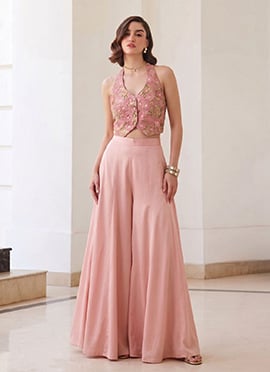 Elegant Pink Soft Silk Embroidered Halter Neck Top With Flared Palazzo Set