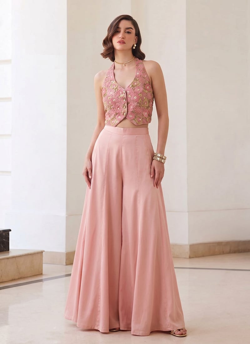 Elegant Pink Soft Silk Embroidered Halter Neck Top With Flared Palazzo Set After Six Wear
