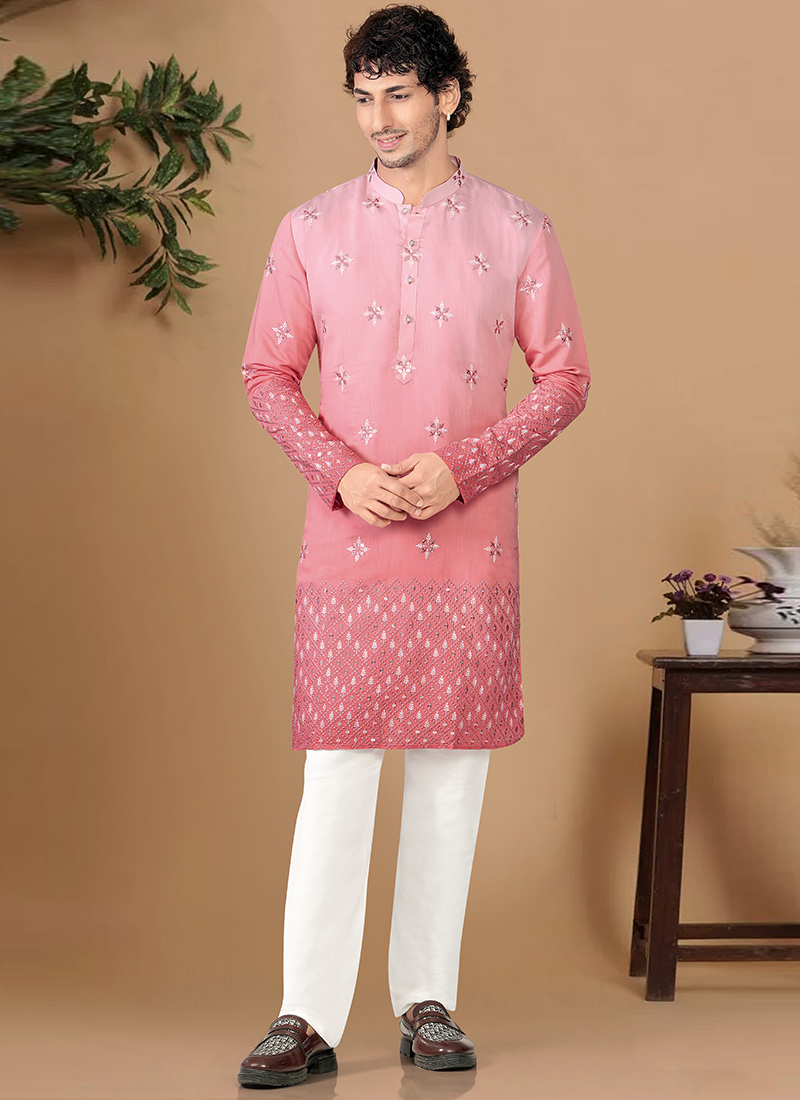 Elegant Pink Soft Silk Embroidered Kurta Pyjama Festive Wear