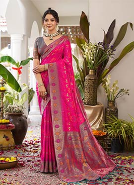 Elegant Pink Soft Silk Jacquard Zari Woven Saree