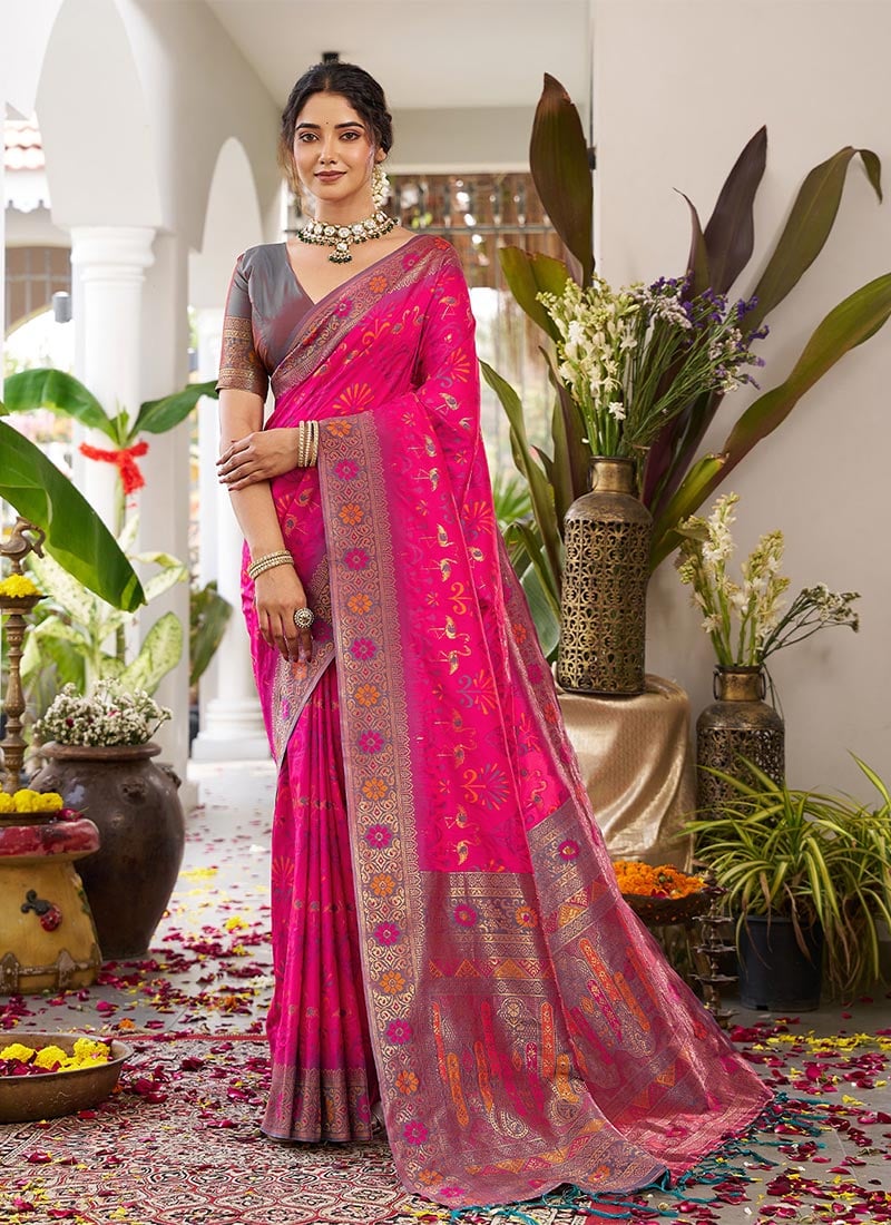 Elegant Pink Soft Silk Jacquard Zari Woven Saree Festive Wear