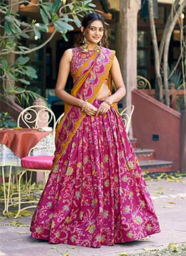Elegant Pink Tussar Silk Gilded Motif Foil Printed Umbrella Lehenga
