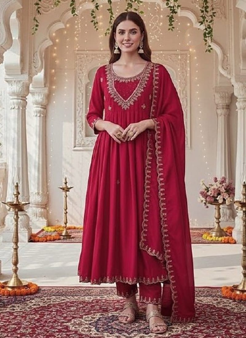 Elegant Pink Vichitra Silk Sequins Embroidered Coding Anarkali Suit Festive Wear