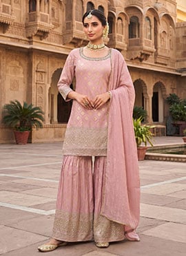 Elegant Pink Viscose Embroidered Sharara Suit