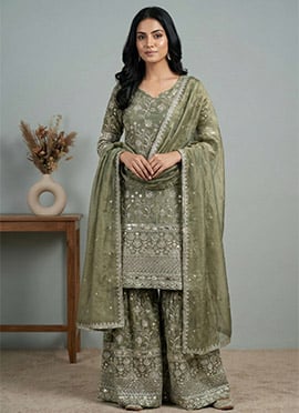 Elegant Pista Green Chinon Embroidered Sequins Sharara Suit