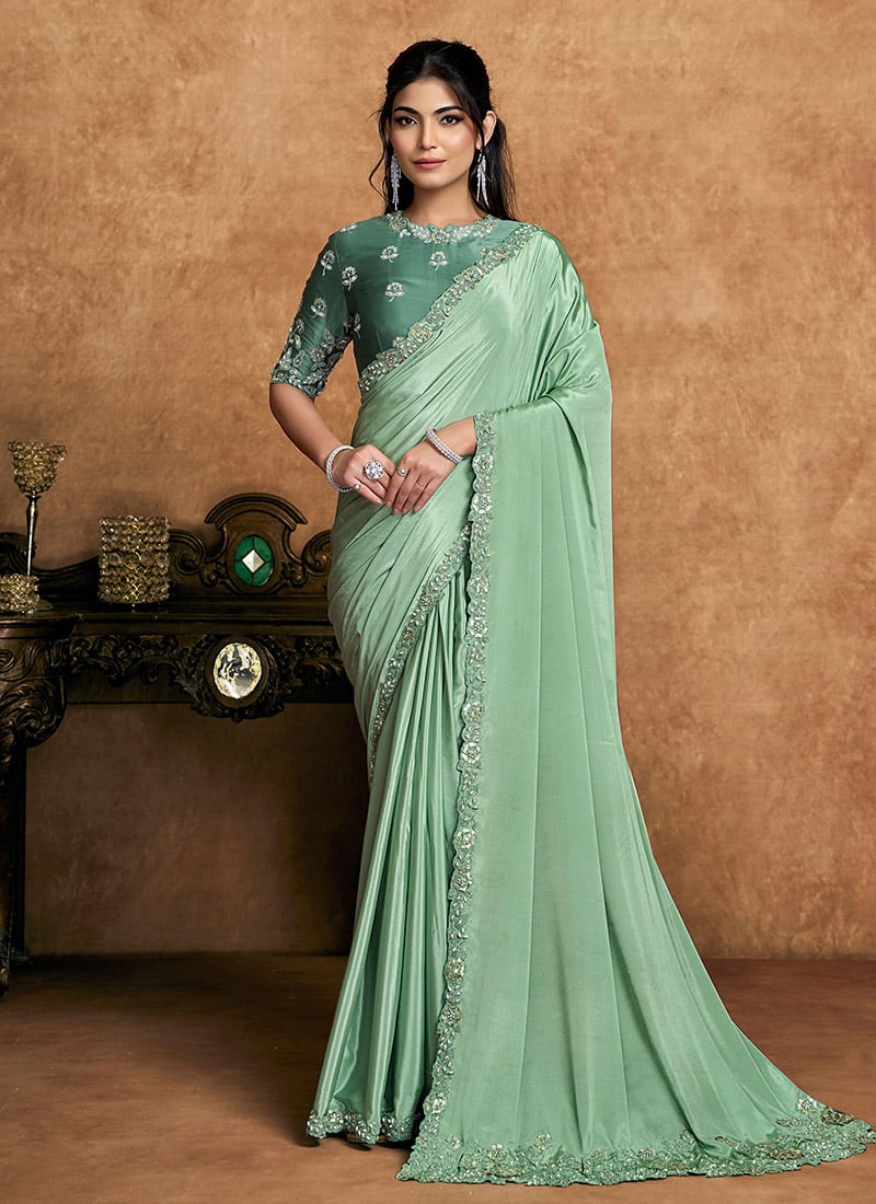 Elegant Pista Green Crepe Satin Embroidered Stone Beads Sequins Zari Saree Wedding Wear