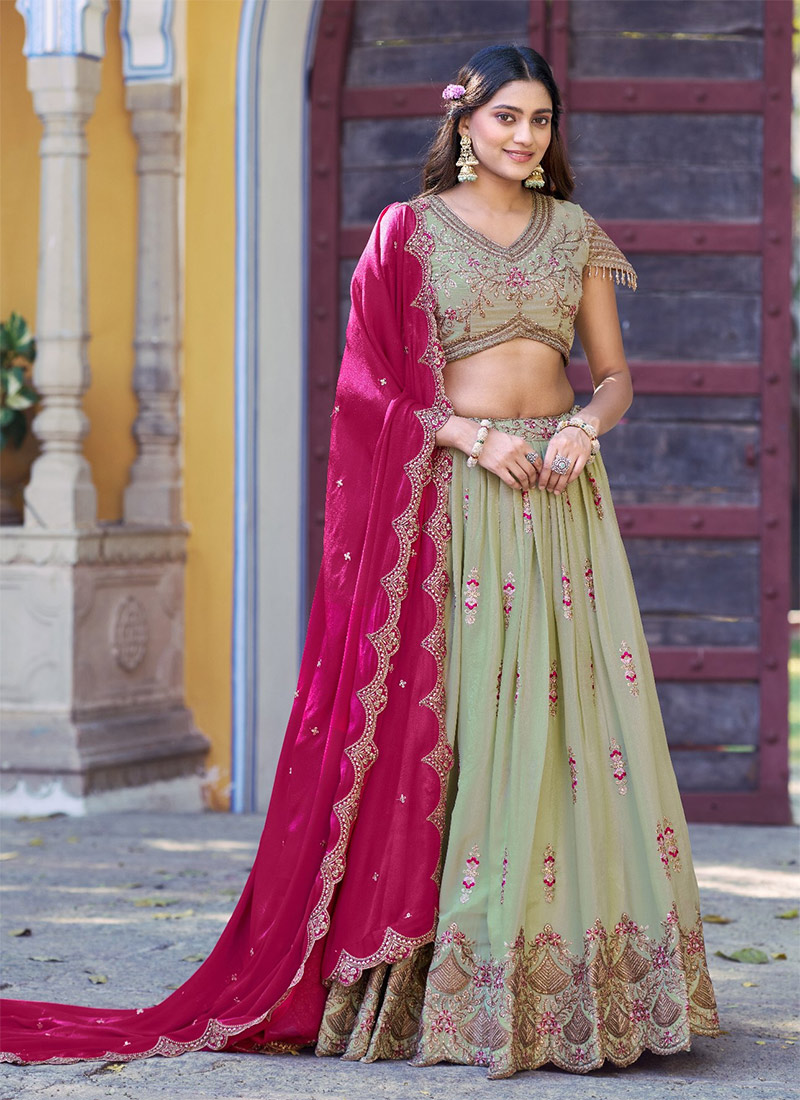 Elegant Pista Green Georgette Zari Sequins Resham Embroidered Cut Work Umbrella Lehenga Wedding Wear