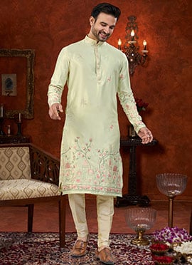 Elegant Pista Green Malai Silk Embroidered Kurta Pyjama