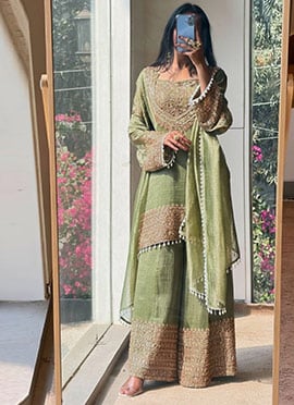 Elegant Pista Green Organza Silk Embroidered Zari Thread Palazzo Suit