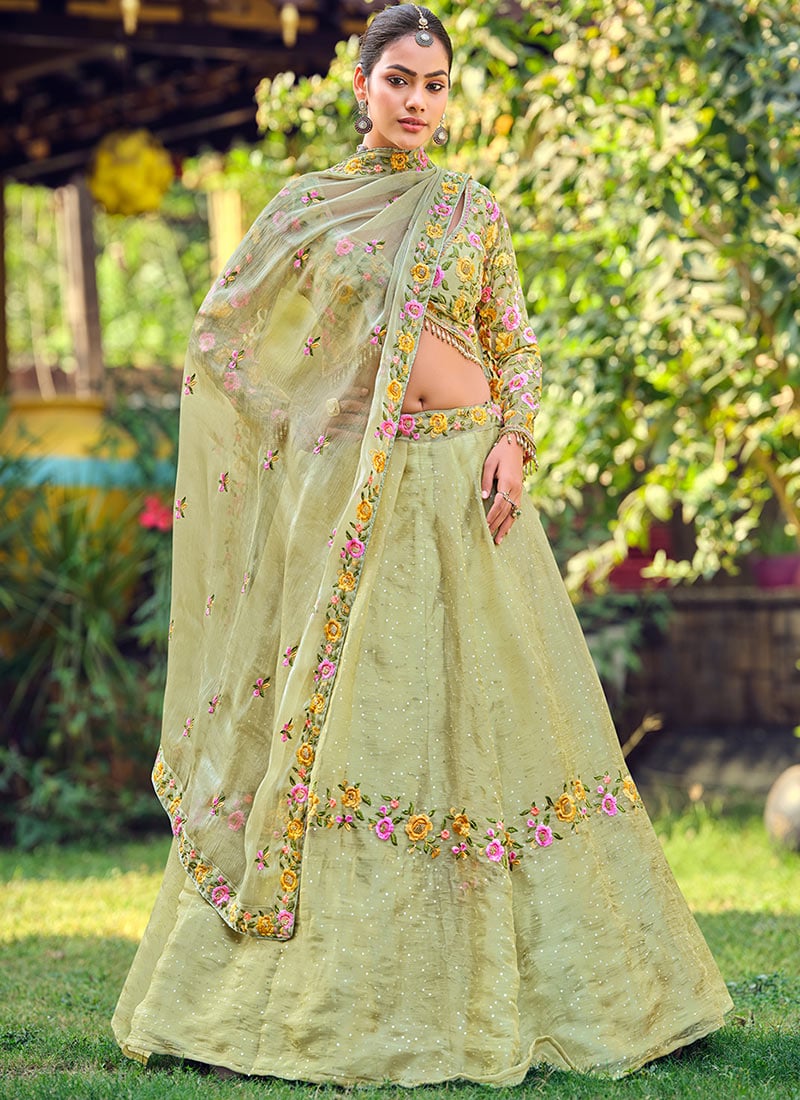 Elegant Pista Silk Blend Embroidery Beads Work Umbrella Lehenga After Six Wear