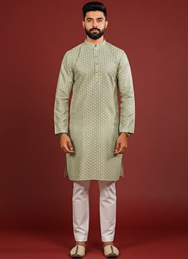 Elegant Pista Silk Printed Kurta Pyjama