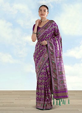 Elegant Purple Banarasi Satin Silk Patola Zari Woven Saree
