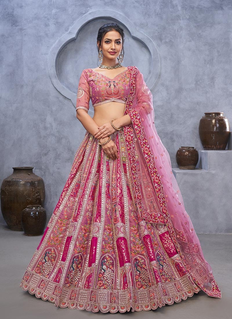 Elegant Purple Banarasi Silk Lehenga With Zari Embroidery Sequins And Stone Work Wedding Wear