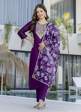 Elegant Purple Chanderi Cotton Embroidered Printed Straight Pant Suit