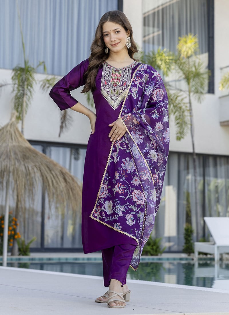 Elegant Purple Chanderi Cotton Embroidered Printed Straight Pant Suit After Six Wear