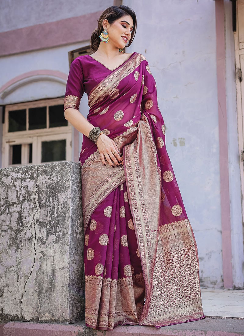 Elegant Purple Chanderi Silk Saree With Zari Woven Festive Wear