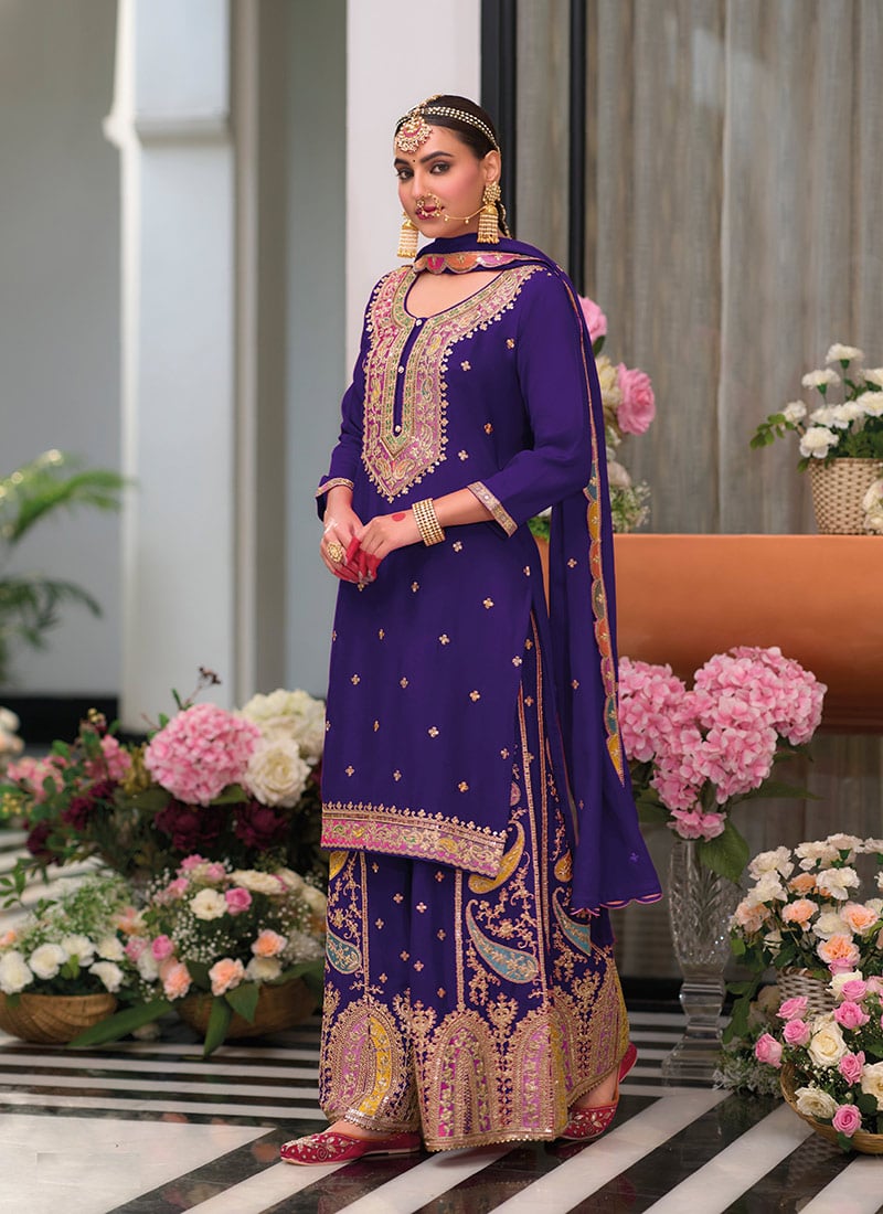 Elegant Purple Chinon Palazzo Suit With Zari And  Sequin Embroidery Festive Wear