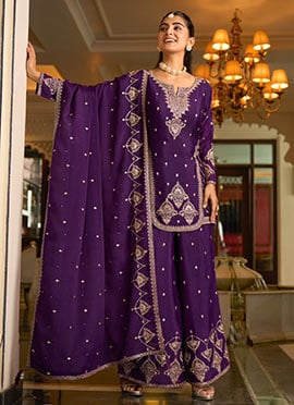 Elegant Purple Chinon Silk Designer Embroidered Mirror Work Palazzo Suit