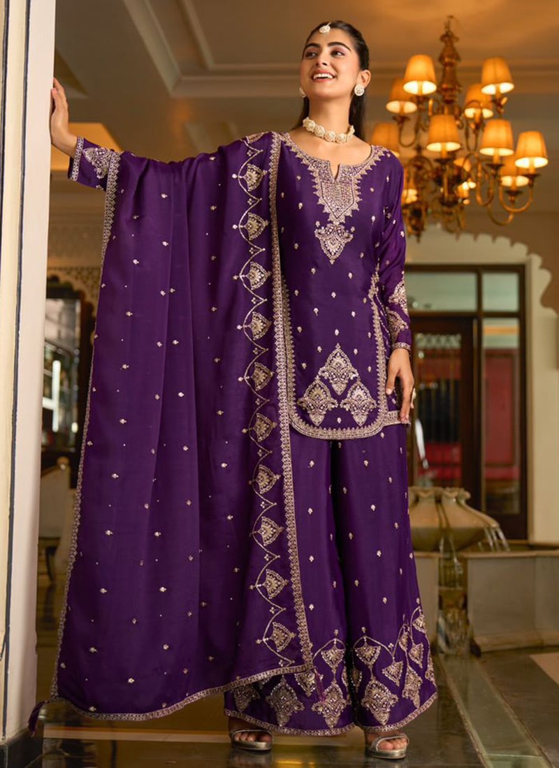 Elegant Purple Chinon Silk Designer Embroidered Mirror Work Palazzo Suit After Six Wear