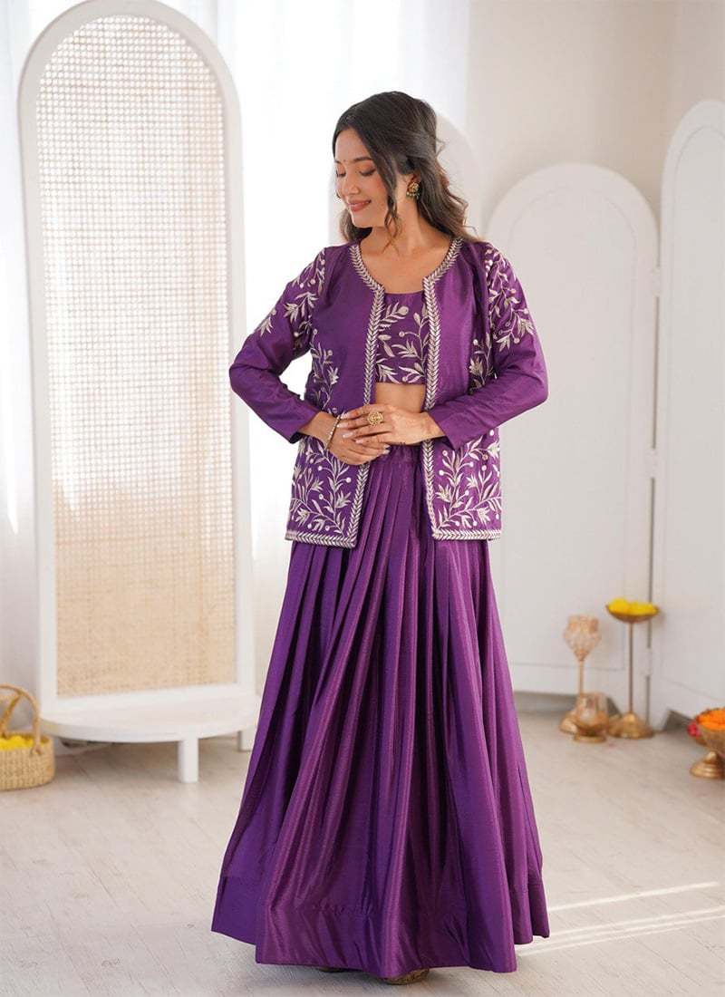 Elegant Purple Chinon Silk Embroidered Sequins Indowestern Sets and Suits Wedding Wear