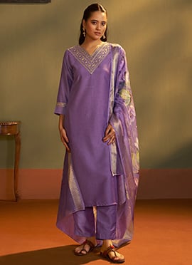 Elegant Purple Cotton Blend Embroidered Straight Pant Suit