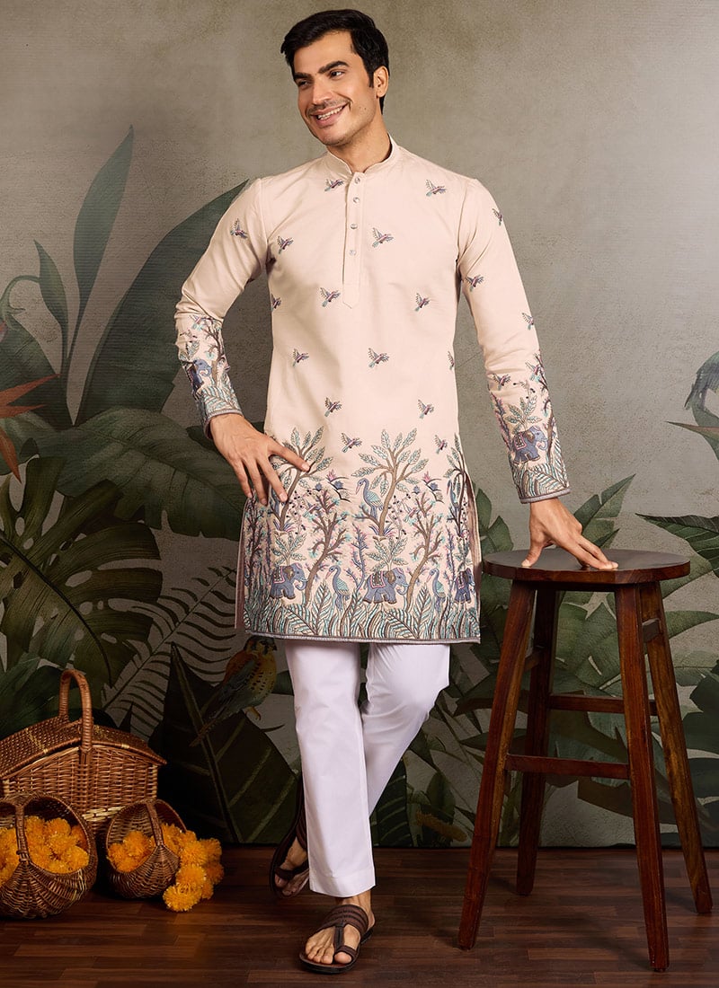 Elegant Purple Cotton Embroidered Sequins Thread Kurta