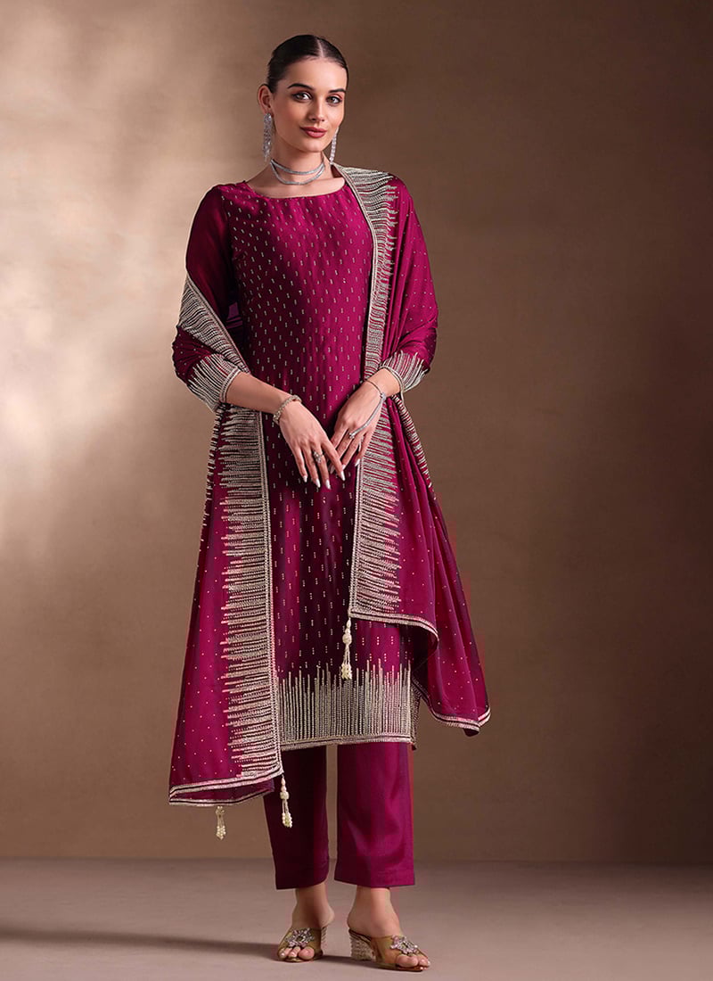 Elegant Purple Embroidered Stone Work Cotton Georgette Straight Pant Suit Festive Wear