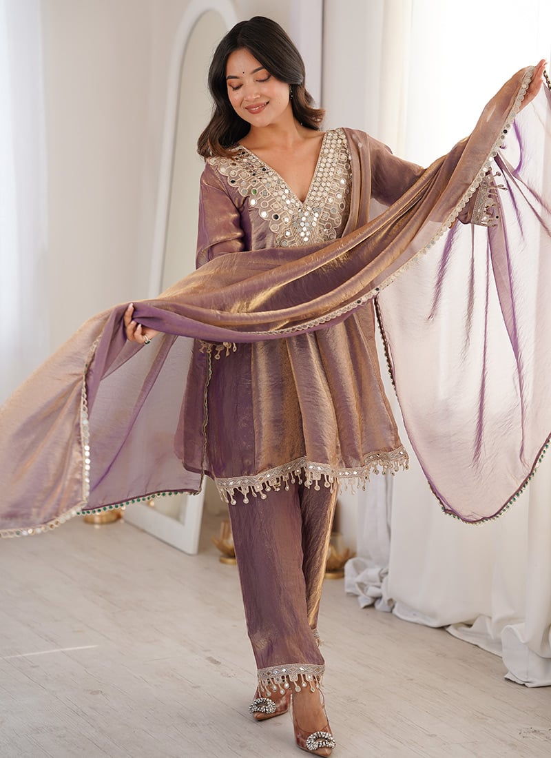 Elegant Purple Fendy Silk Mirror Work Embroidered Lace Work Straight Pant Suit Festive Wear