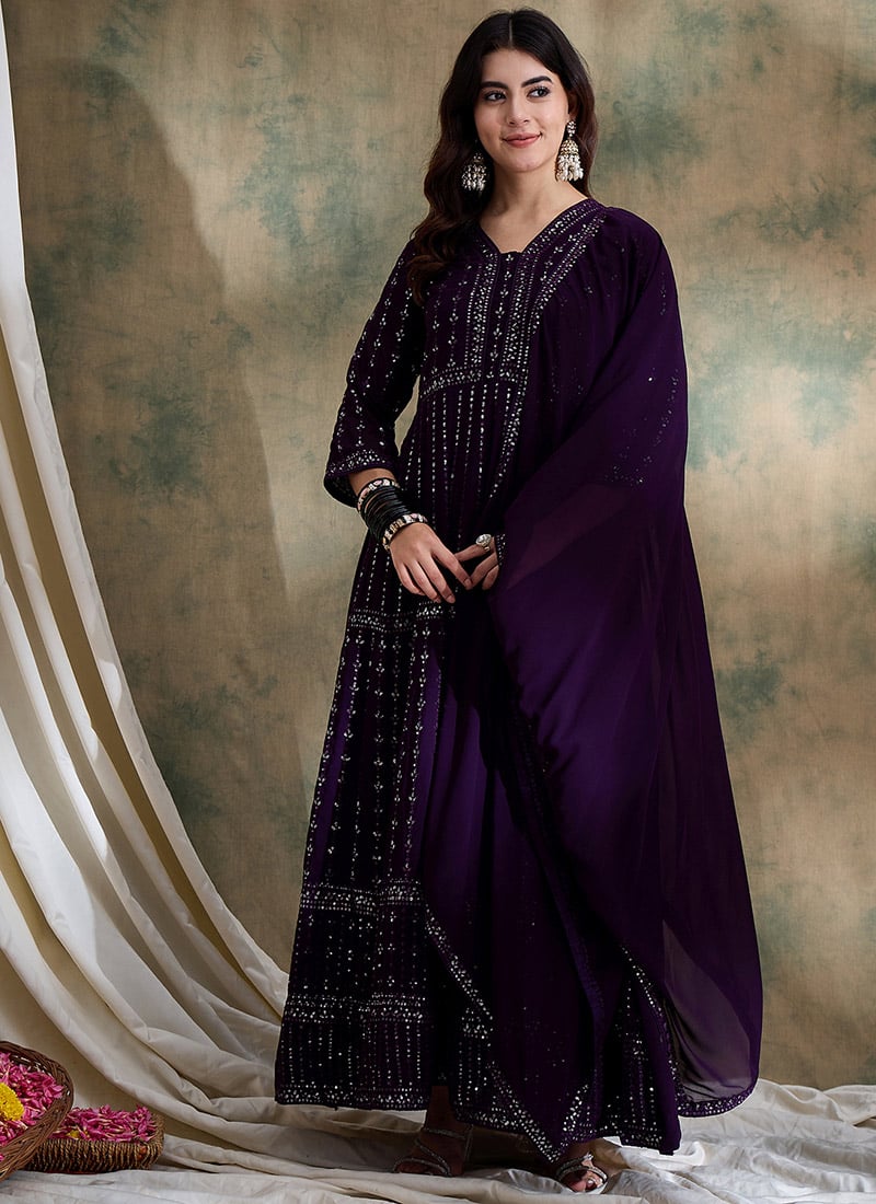 Elegant Purple Georgette Embroidered Pakistani Straight Pant Suit Festive Wear