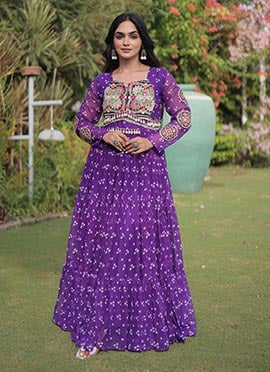 Elegant Purple Georgette Gamthi Work Printed Navratri Gown