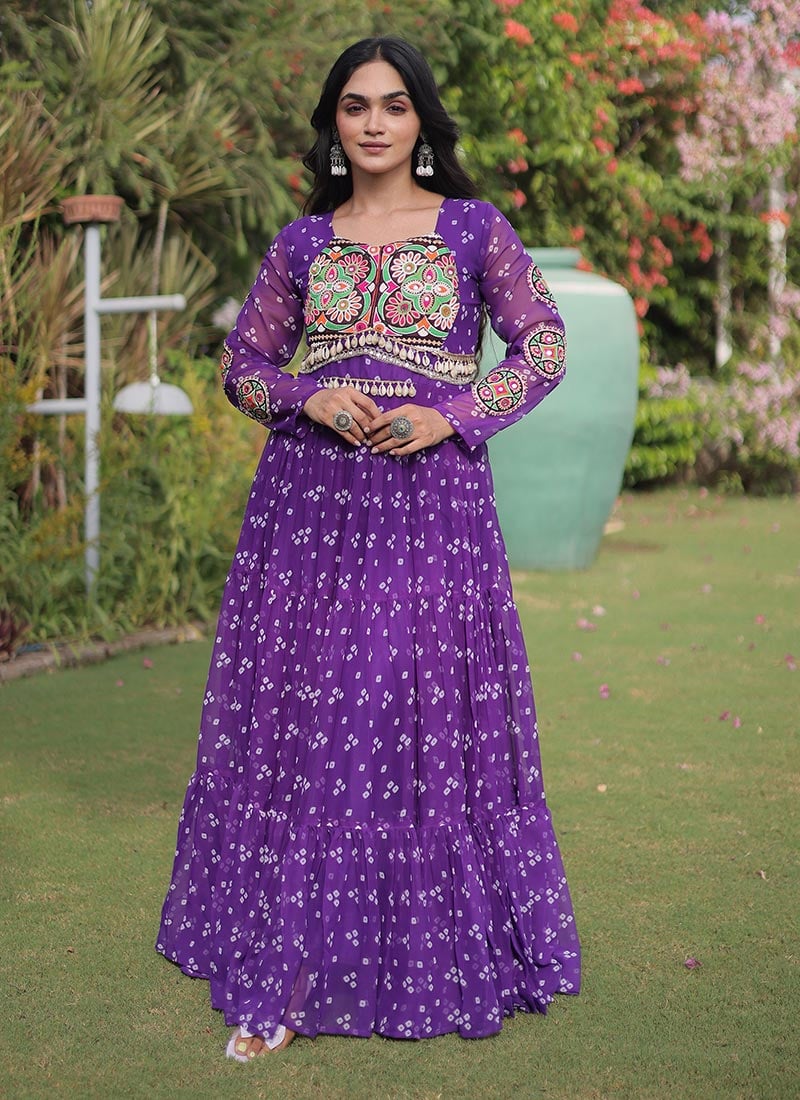 Elegant Purple Georgette Gamthi Work Printed Navratri Gown Festive Wear