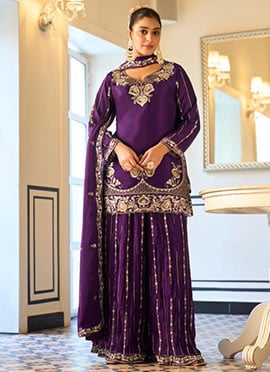 Elegant Purple Georgette Zari Embroidered Sequins Sharara Suit