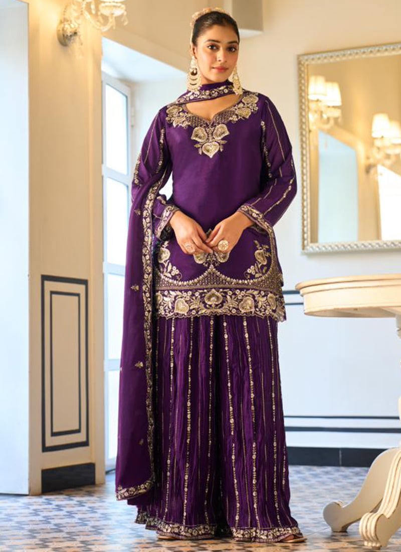 Elegant Purple Georgette Zari Embroidered Sequins Sharara Suit Festive Wear