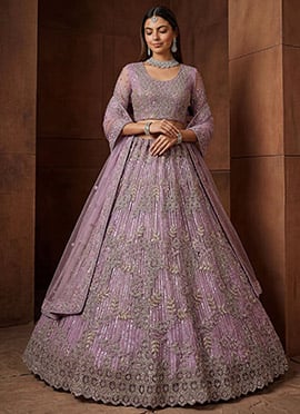 Elegant Purple Net Fancy Zari Dori Sequence Embroidery Work Umbrella Lehenga
