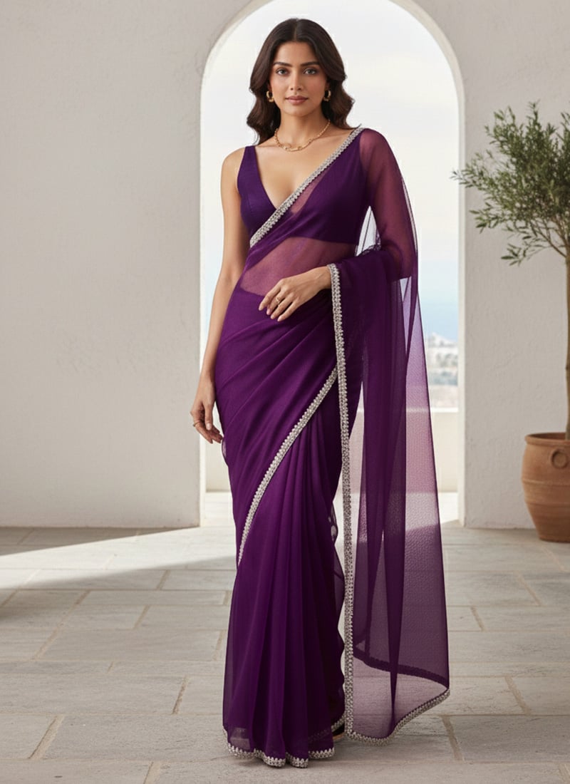 Elegant Purple Organza Ready Lace Work Saree Festive Wear