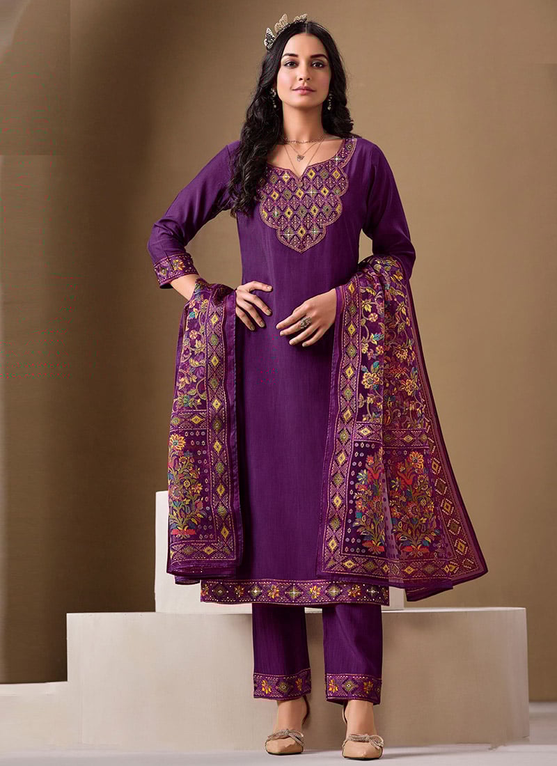 Elegant Purple Roman Silk Straight Pant Suit With Mirror Work After Six Wear