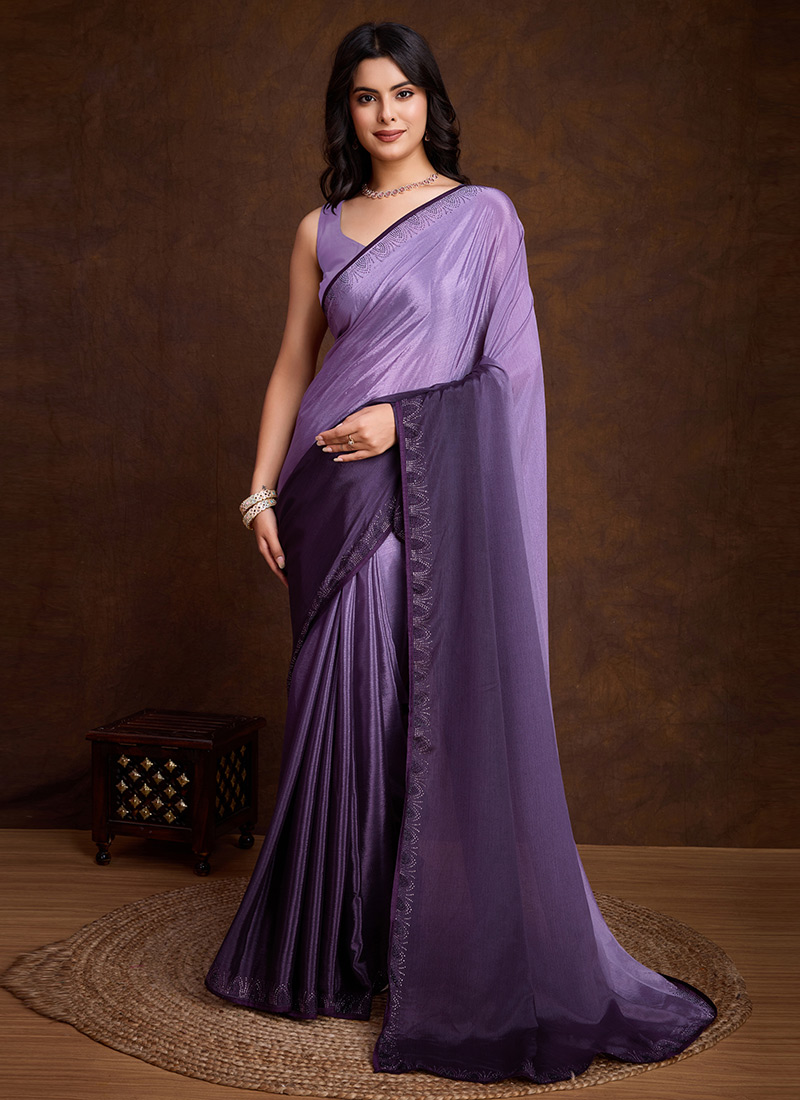 Elegant Purple Shaded Chinon Tikki Work Saree After Six Wear
