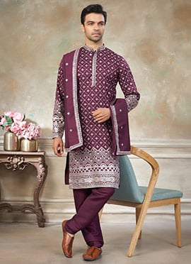 Elegant Purple Silk Embroidered Kurta Pyjama
