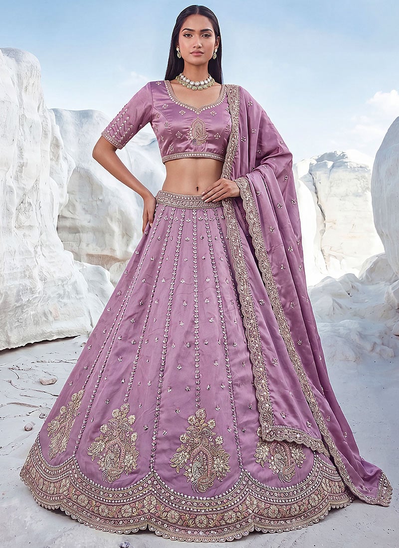 Elegant Purple Silk Embroidered Work Umbrella Lehenga Wedding Wear
