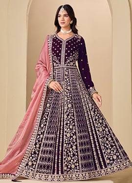 Elegant Purple Velvet Embroidered Sequins Zari Anarkali Suit