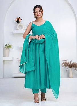Elegant Rama Green Rayon Anarkali Suit